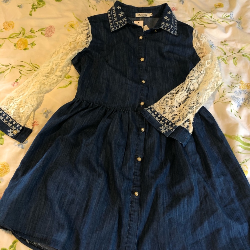Denim Button-Up Dress with Lace Sleeves